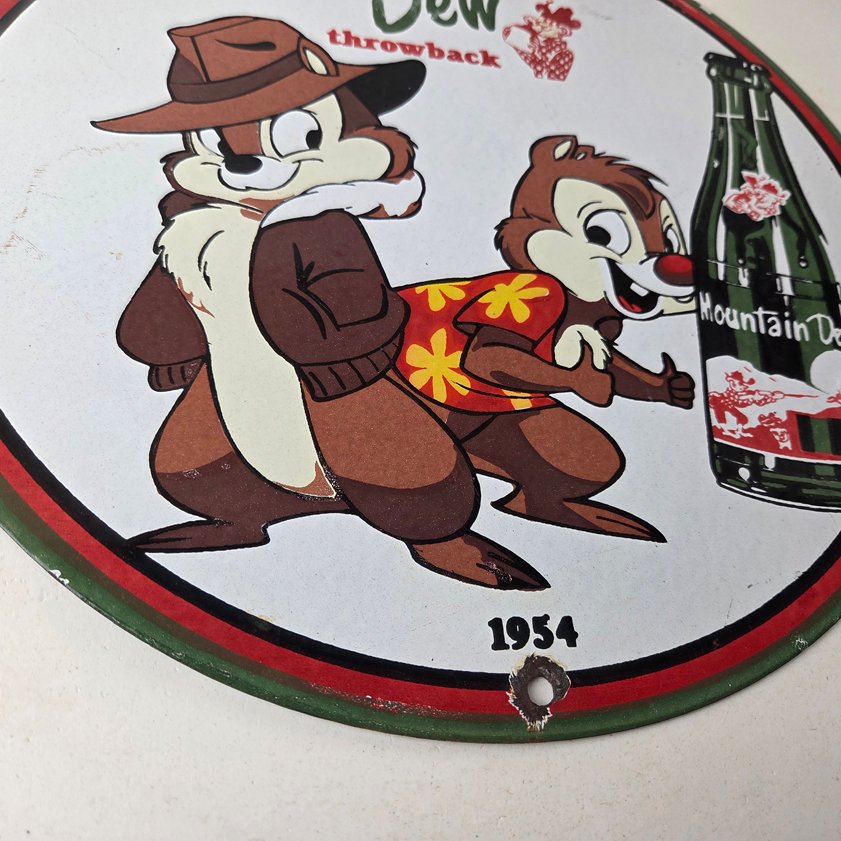 Vintage Mountain Dew Porcelain - Gas Pump Plate Soda Bottles Chip and Dale Sign - Image 6