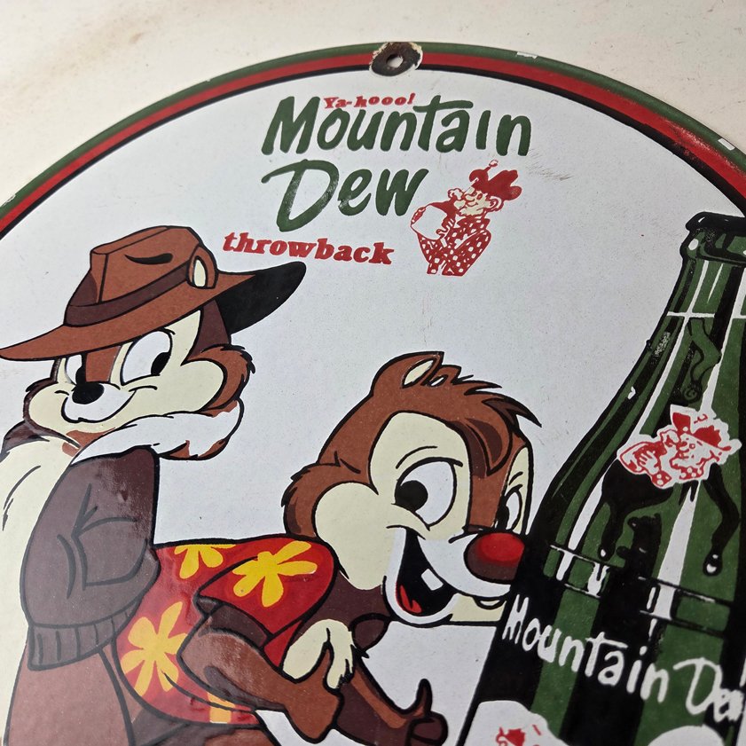 Vintage Mountain Dew Porcelain - Gas Pump Plate Soda Bottles Chip and Dale Sign - Image 11