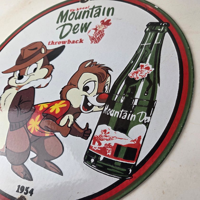 Vintage Mountain Dew Porcelain - Gas Pump Plate Soda Bottles Chip and Dale Sign - Image 12