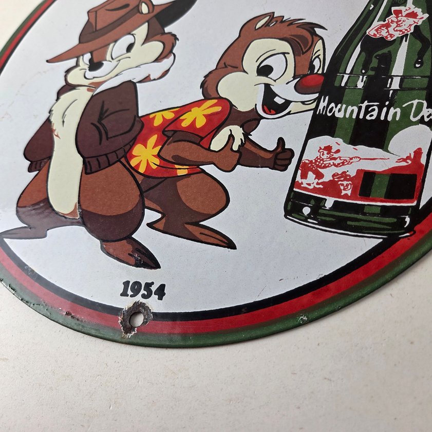 Vintage Mountain Dew Porcelain - Gas Pump Plate Soda Bottles Chip and Dale Sign - Image 13