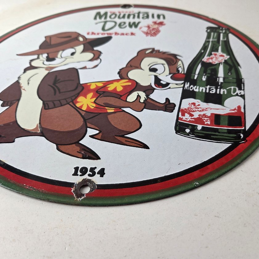 Vintage Mountain Dew Porcelain - Gas Pump Plate Soda Bottles Chip and Dale Sign - Image 10