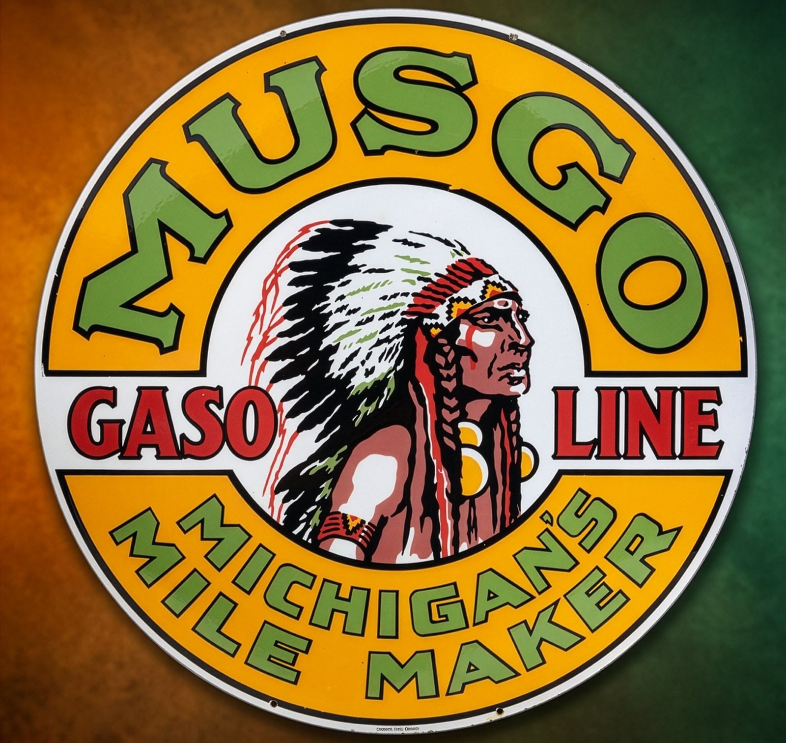 Original 48-inch Musgo Gasoline Michigan's Mile Maker double-sided porcelain sign