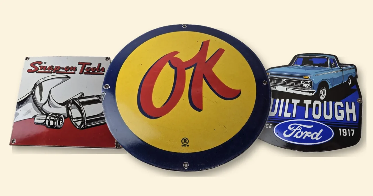 Chevrolet OK Used Cars, Snap-on Tools and Ford Built Tough porcelain garage signs, three gifts for car guys
