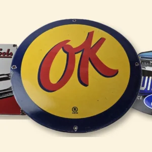 Chevrolet OK Used Cars, Snap-on Tools and Ford Built Tough porcelain garage signs, three gifts for car guys