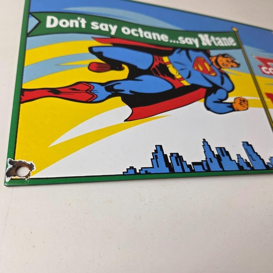 Vintage Conoco Gasoline Sign - Porcelain Gas Pump Superman Comic Figure Sign - Image 11