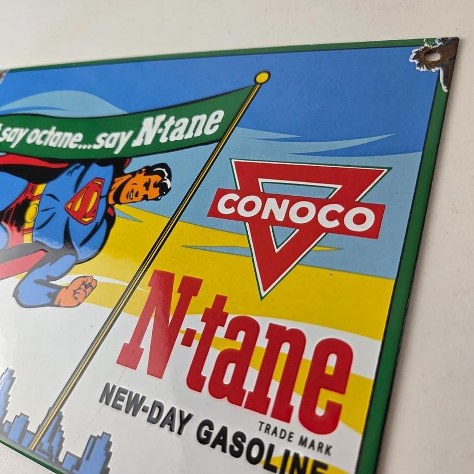 Vintage Conoco Gasoline Sign - Porcelain Gas Pump Superman Comic Figure Sign - Image 12