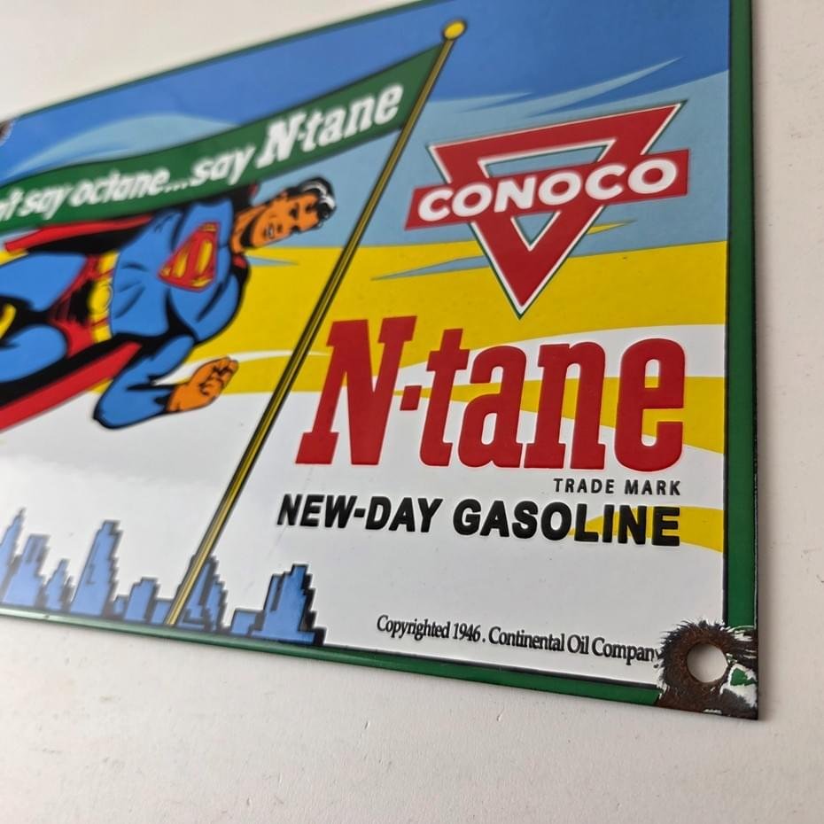 Vintage Conoco Gasoline Sign - Porcelain Gas Pump Superman Comic Figure Sign - Image 13