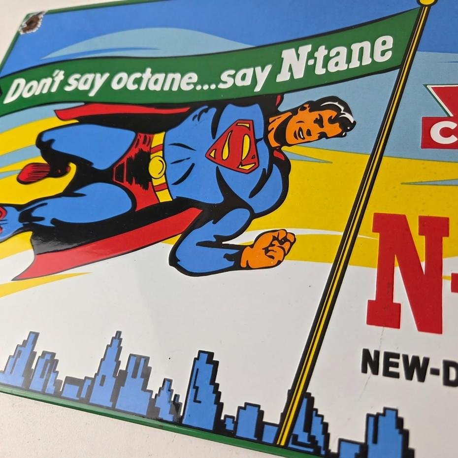 Vintage Conoco Gasoline Sign - Porcelain Gas Pump Superman Comic Figure Sign - Image 14