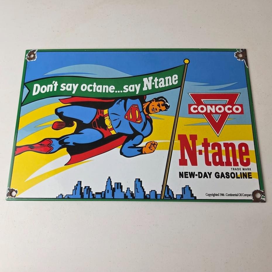 Vintage Conoco Gasoline Sign - Porcelain Gas Pump Superman Comic Figure Sign - Image 15