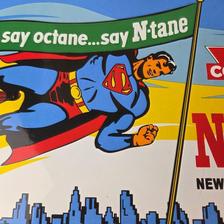 Vintage Conoco Gasoline Sign - Porcelain Gas Pump Superman Comic Figure Sign - Image 3