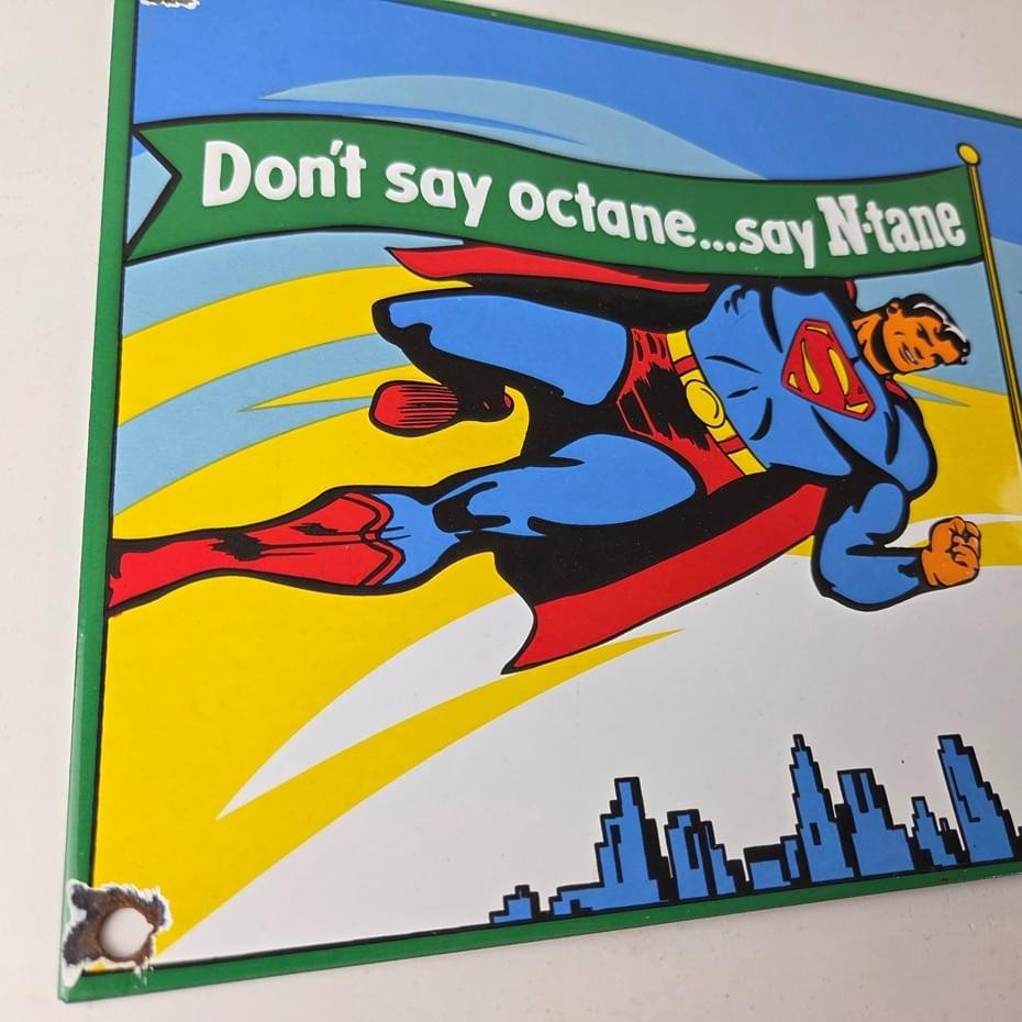 Vintage Conoco Gasoline Sign - Porcelain Gas Pump Superman Comic Figure Sign - Image 6