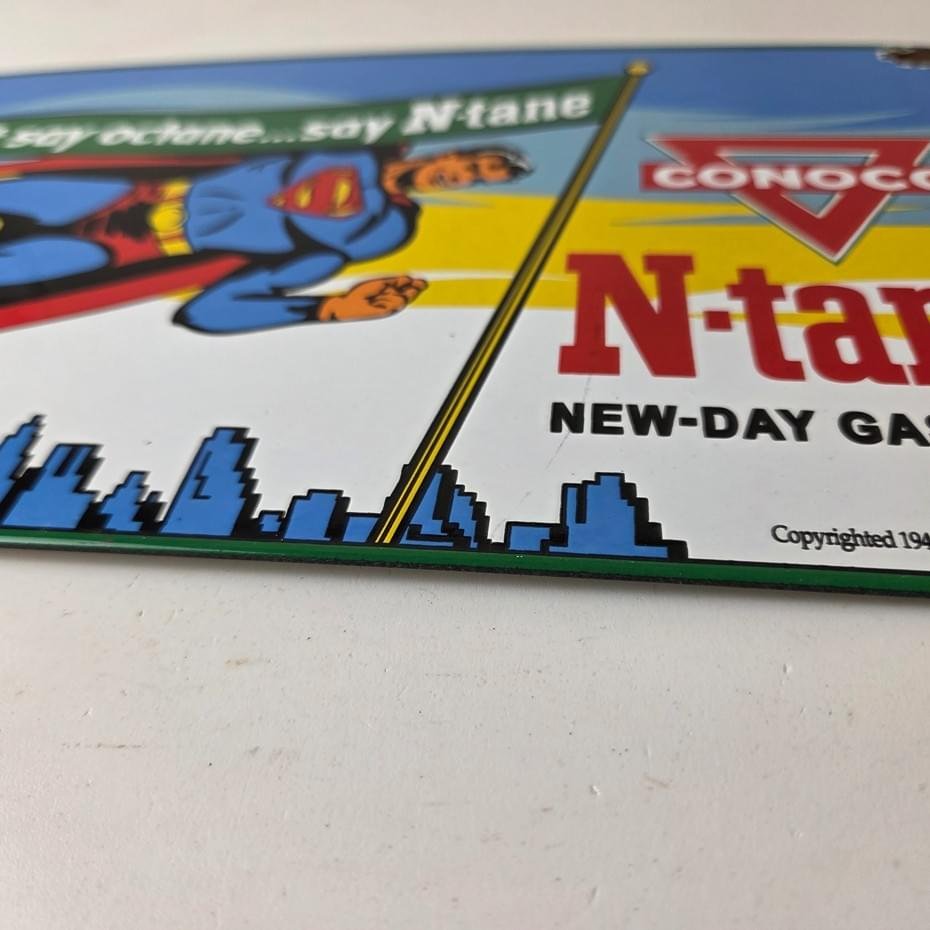 Vintage Conoco Gasoline Sign - Porcelain Gas Pump Superman Comic Figure Sign - Image 10