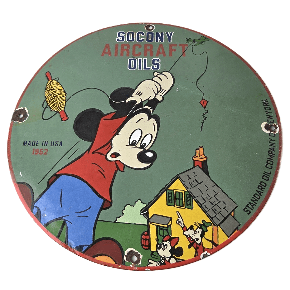 Vintage Socony Aircraft Oils Sign - Mickey Standard Oil Service Porcelain Sign