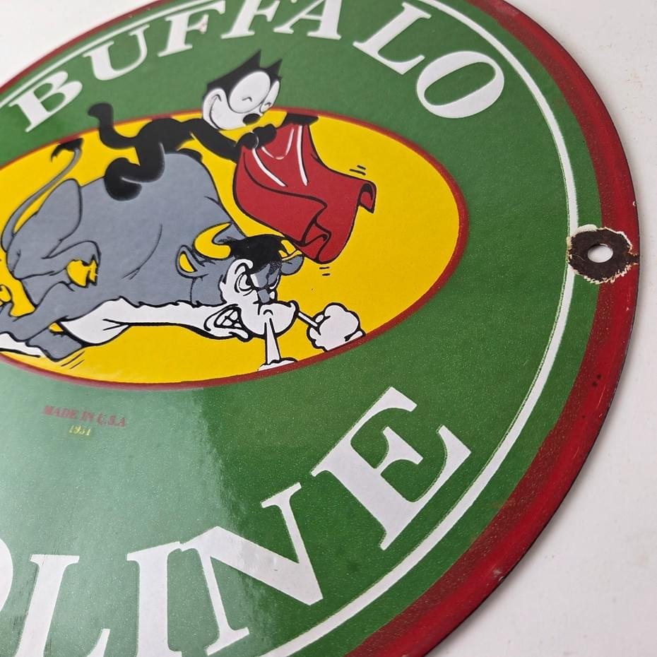 Vintage Felix Buffalo Gasoline Sign - Gas Motor Oil Pump Porcelain Sign - Image 14