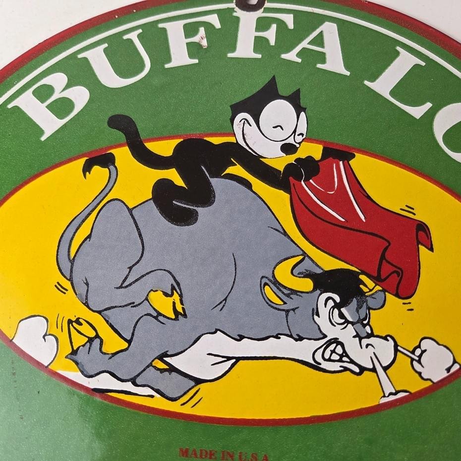 Vintage Felix Buffalo Gasoline Sign - Gas Motor Oil Pump Porcelain Sign - Image 3