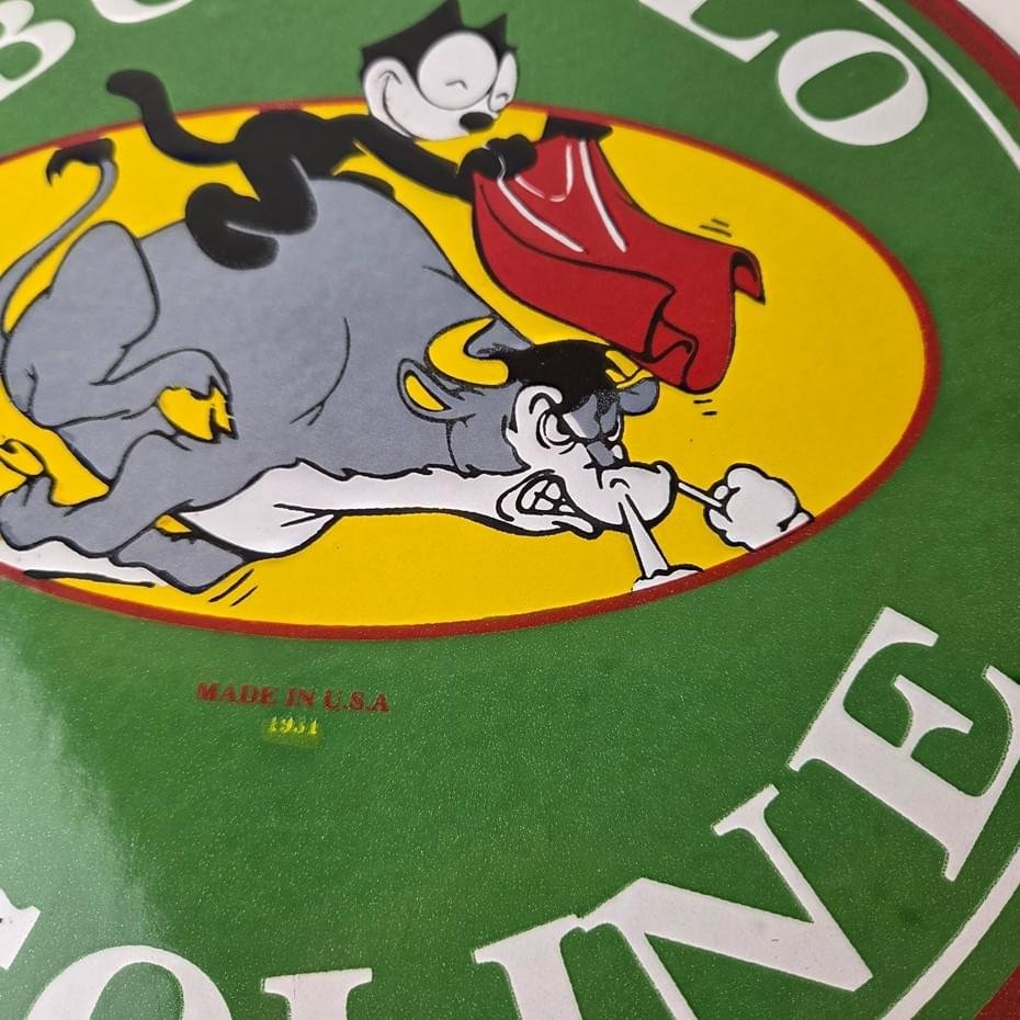 Vintage Felix Buffalo Gasoline Sign - Gas Motor Oil Pump Porcelain Sign - Image 4