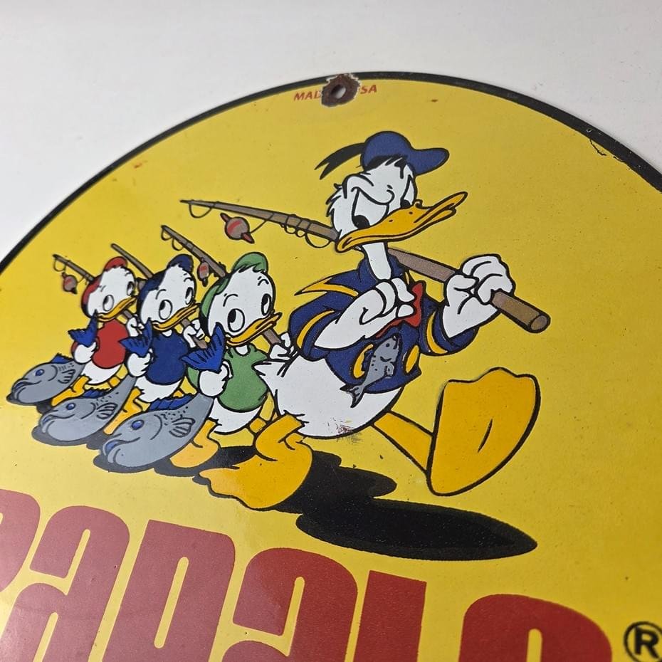 Vintage Rapala Fishing Lures Ad Sign - Donald Duck Porcelain Gas Pump Plate Sign - Image 13