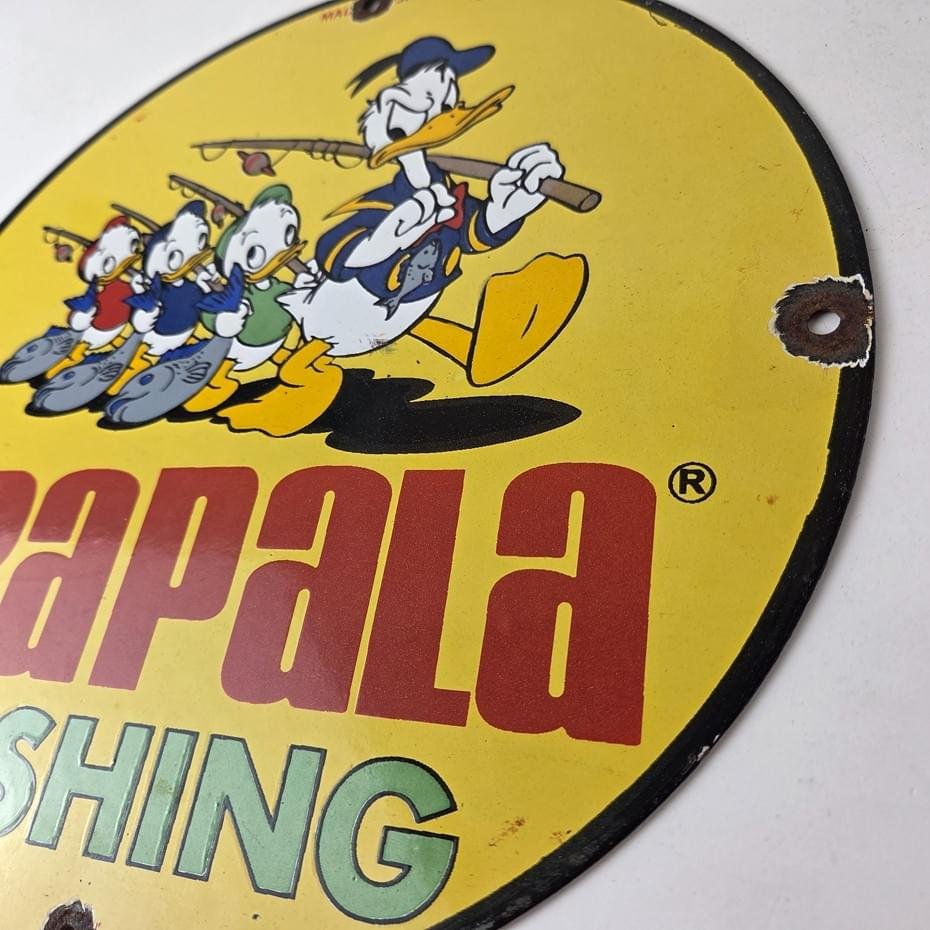 Vintage Rapala Fishing Lures Ad Sign - Donald Duck Porcelain Gas Pump Plate Sign - Image 14