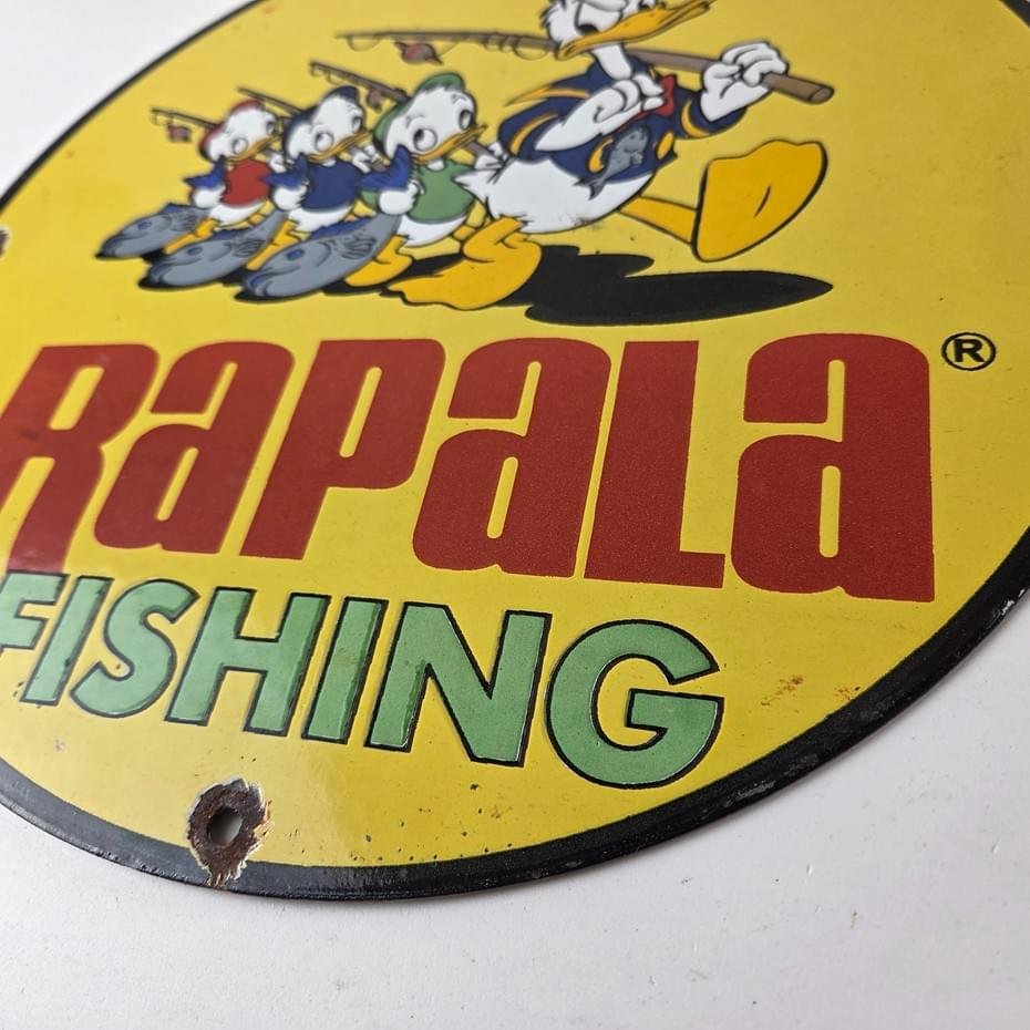 Vintage Rapala Fishing Lures Ad Sign - Donald Duck Porcelain Gas Pump Plate Sign - Image 15