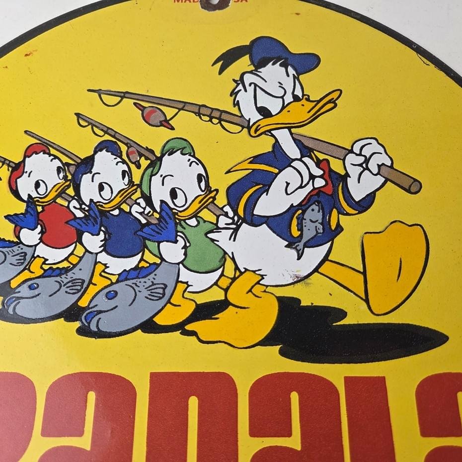 Vintage Rapala Fishing Lures Ad Sign - Donald Duck Porcelain Gas Pump Plate Sign - Image 3