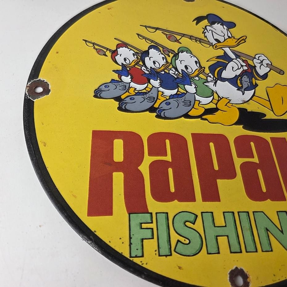 Vintage Rapala Fishing Lures Ad Sign - Donald Duck Porcelain Gas Pump Plate Sign - Image 6