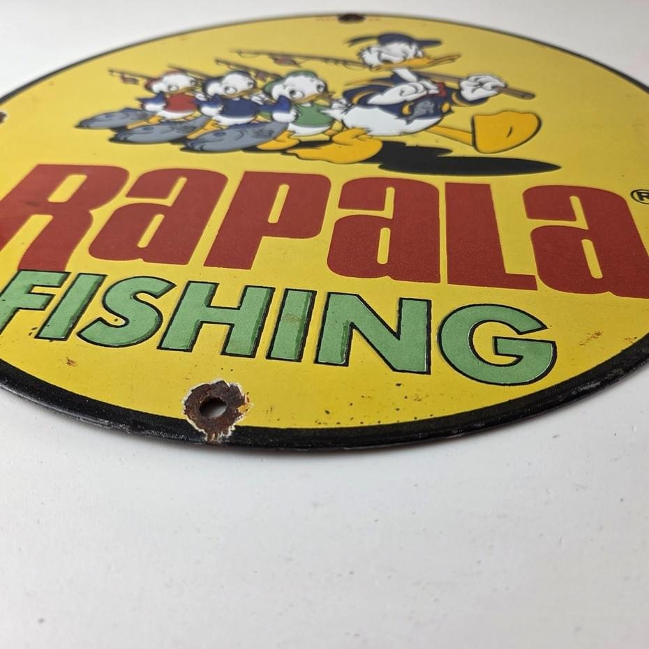 Vintage Rapala Fishing Lures Ad Sign - Donald Duck Porcelain Gas Pump Plate Sign - Image 9