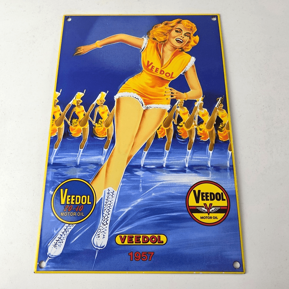 Vintage Veedol Motor Oil Sign - Roller Skating Service Gas Pump Porcelain Sign - Image 15