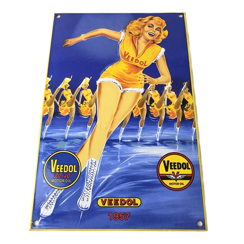 Vintage Veedol Motor Oil Sign - Roller Skating Service Gas Pump Porcelain Sign