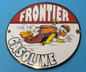 VINTAGE FRONTIER GASOLINE PORCELAIN COWBOY HORSE SERVICE STATION PUMP PLATE SIGN 305857550010