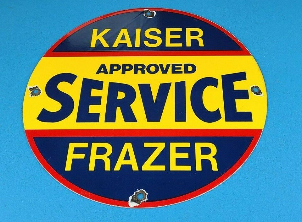 VINTAGE KAISER FRAZER PORCELAIN AMERICAN GAS AUTOMOBILE SERVICE DEALER SIGN