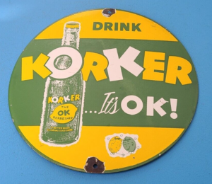 VINTAGE KORKER PORCELAIN GLASS BOTTLE CAP GAS SODA 12 OZ SALES SPRITE 7UP SIGN 305872101300