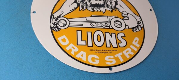 VINTAGE LIONS DRAG STRIP PORCELAIN RACING HOT ROD GAS SERVICE STATION PUMP SIGN 305278294670 6
