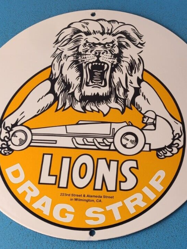 VINTAGE LIONS DRAG STRIP PORCELAIN RACING HOT ROD GAS SERVICE STATION PUMP SIGN 305278294670