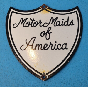 VINTAGE MOTOR MAIDS OF AMERICA PORCELAIN WOMENS MOTORCYCLE CLUB PUMP SIGN 305860729530