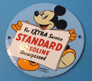 VINTAGE STANDARD GASOLINE PORCELAIN 6 INCH MICKEY MOUSE GAS SERVICE PUMP SIGN 305872164690