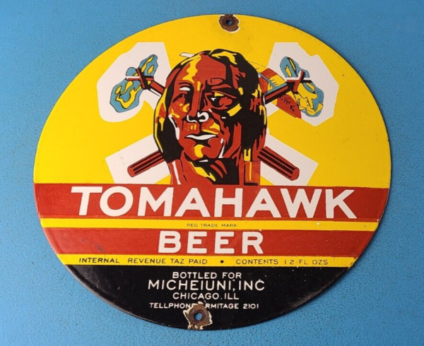 VINTAGE TOMAHAWK BEER PORCELAIN GAS SERVICE STATION PUMP PLATE SIGN 305762622350