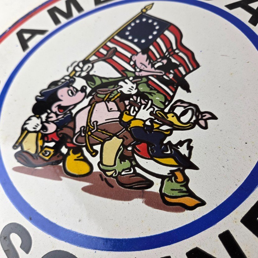 Vintage American Gasoline Porcelain Sign - Mickey Goofy USA Gas Pump Plate Sign - Image 4