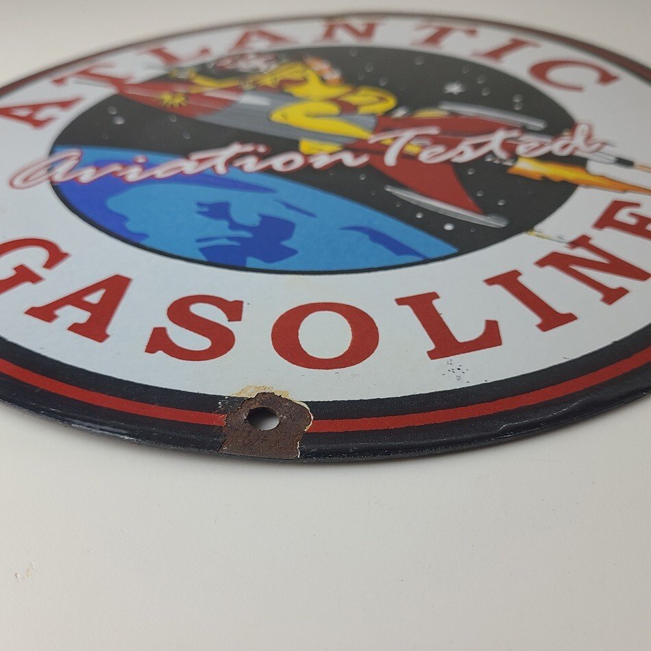 Vintage Atlantic Gasoline Sign - Sci-Fi Rocket Gas Service Porcelain Sign - Image 11