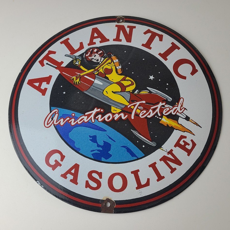Vintage Atlantic Gasoline Sign - Sci-Fi Rocket Gas Service Porcelain Sign - Image 12