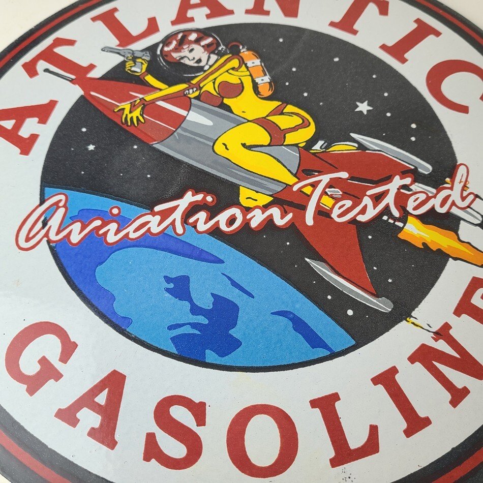Vintage Atlantic Gasoline Sign - Sci-Fi Rocket Gas Service Porcelain Sign - Image 4