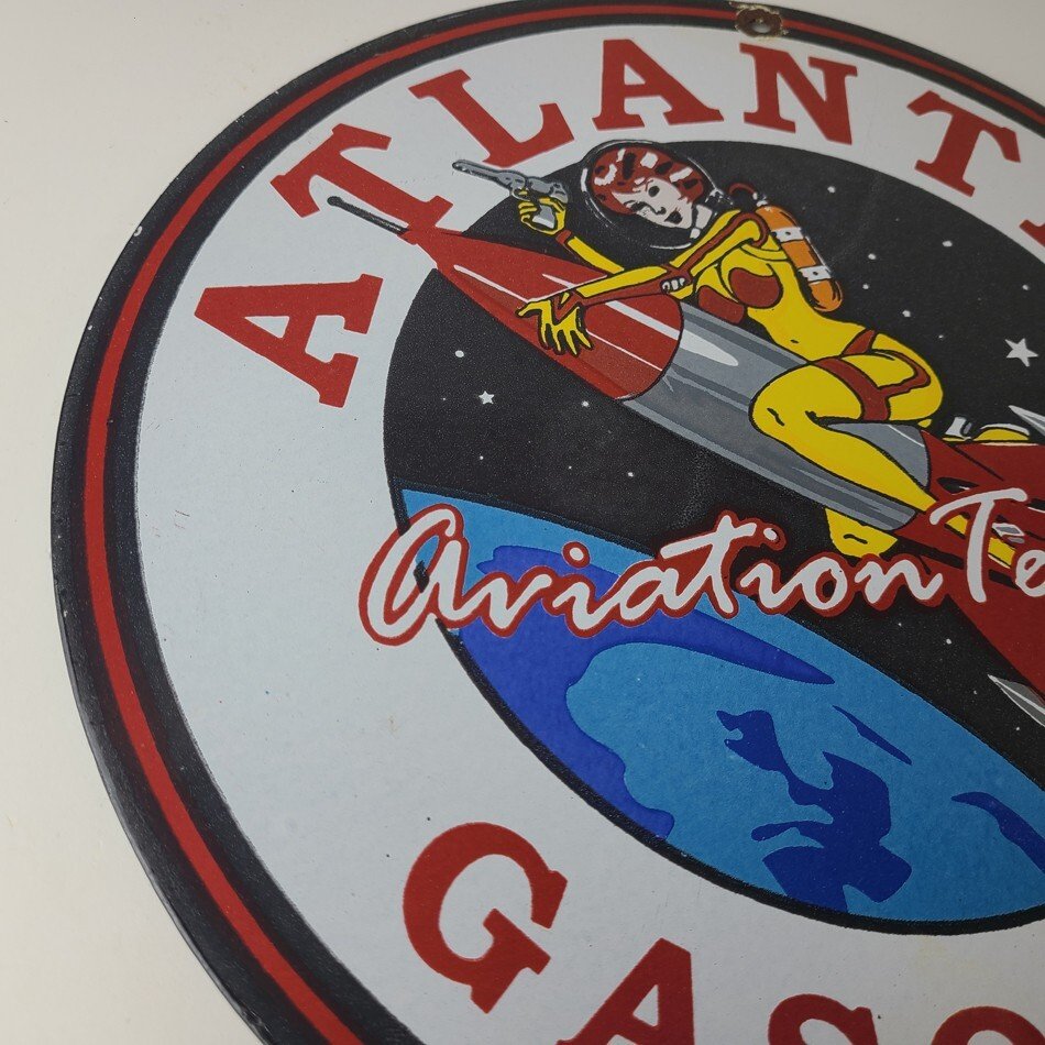 Vintage Atlantic Gasoline Sign - Sci-Fi Rocket Gas Service Porcelain Sign - Image 6