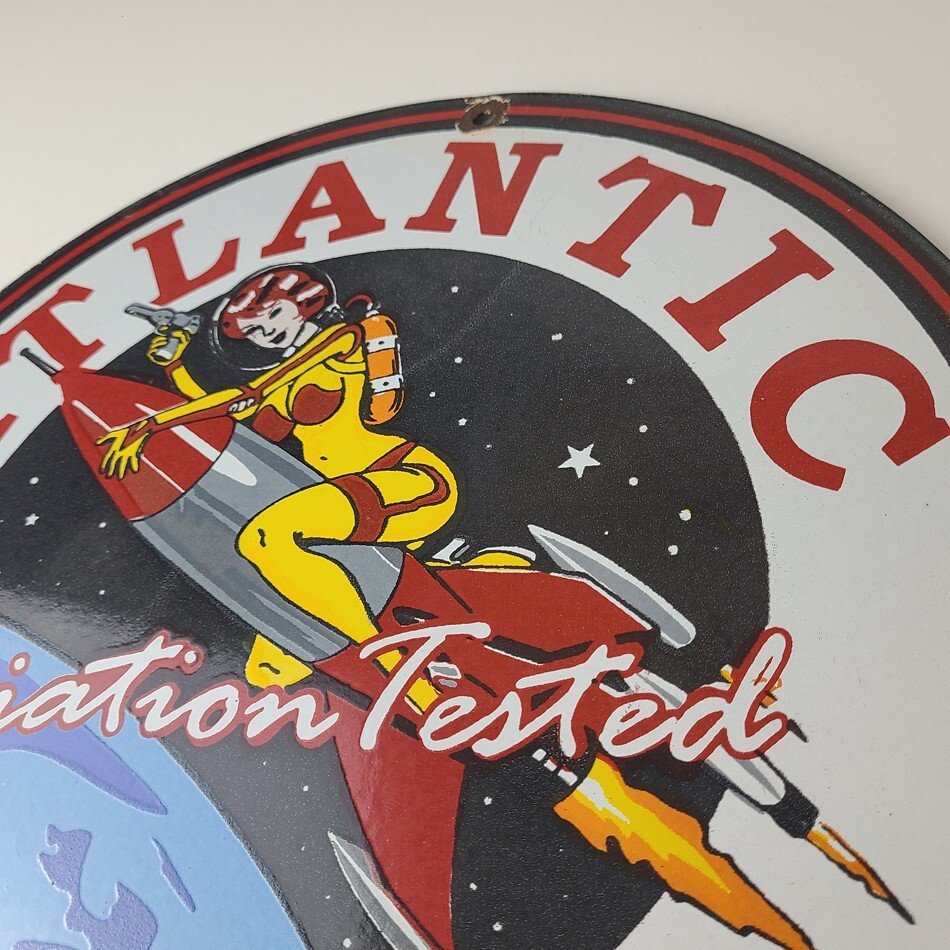 Vintage Atlantic Gasoline Sign - Sci-Fi Rocket Gas Service Porcelain Sign - Image 8