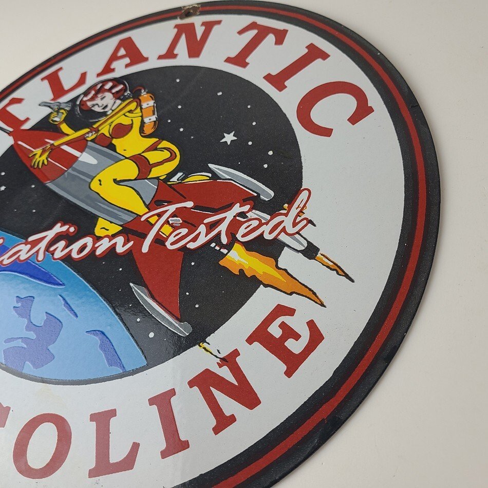 Vintage Atlantic Gasoline Sign - Sci-Fi Rocket Gas Service Porcelain Sign - Image 9