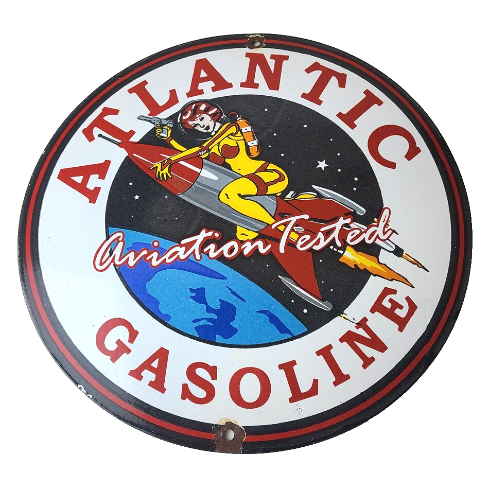 Vintage Atlantic Gasoline Sign - Sci-Fi Rocket Gas Service Porcelain Sign