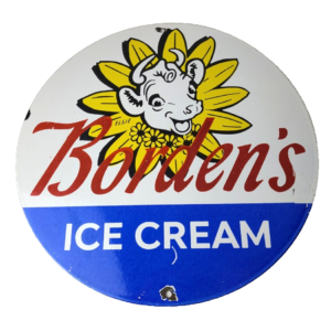 Vintage Bordens Ice Cream Porcelain Sign - Dairy Cow Milk Service Gas Pump Sign