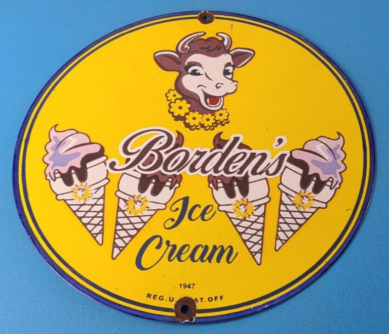 Vintage Bordens Ice Cream Porcelain Sign Gas Pump Dairy Cow Milk Service Sign 306070998480