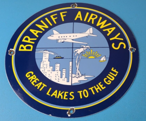 Vintage Braniff Airways Sign Aviation Hangar Gas Pump Airplane Porcelain Sign 305892543590