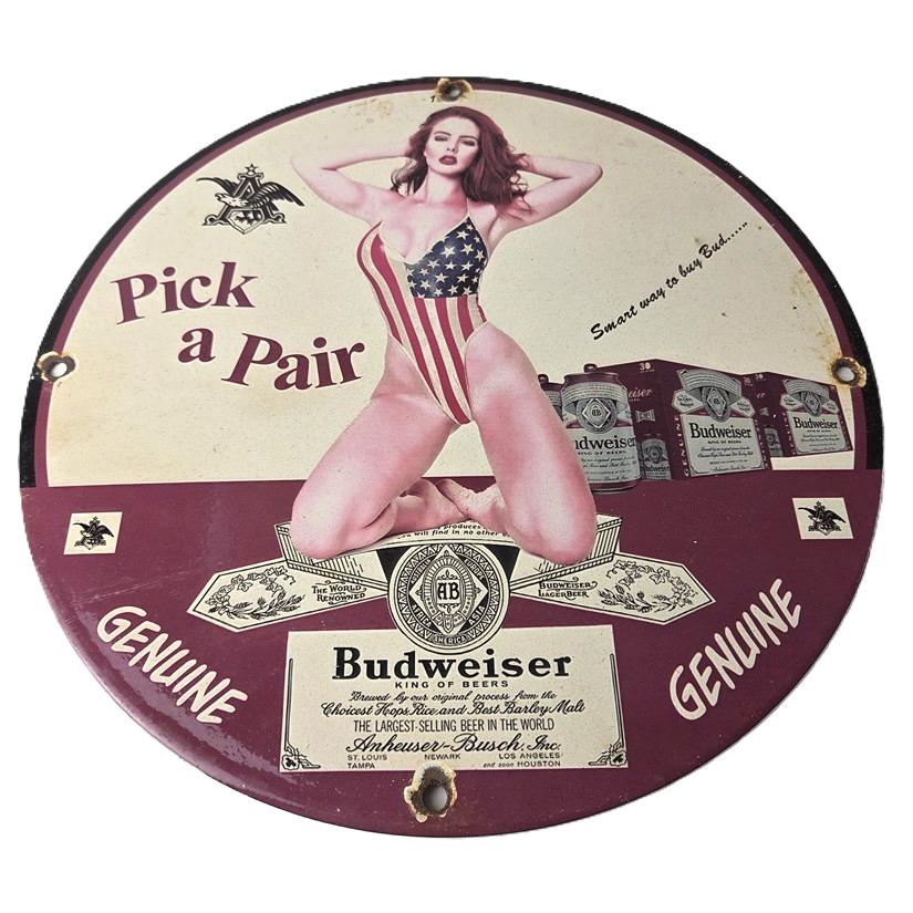 Vintage Budweiser Sign - Adult Beverage Gas Service Station Porcelain Sign