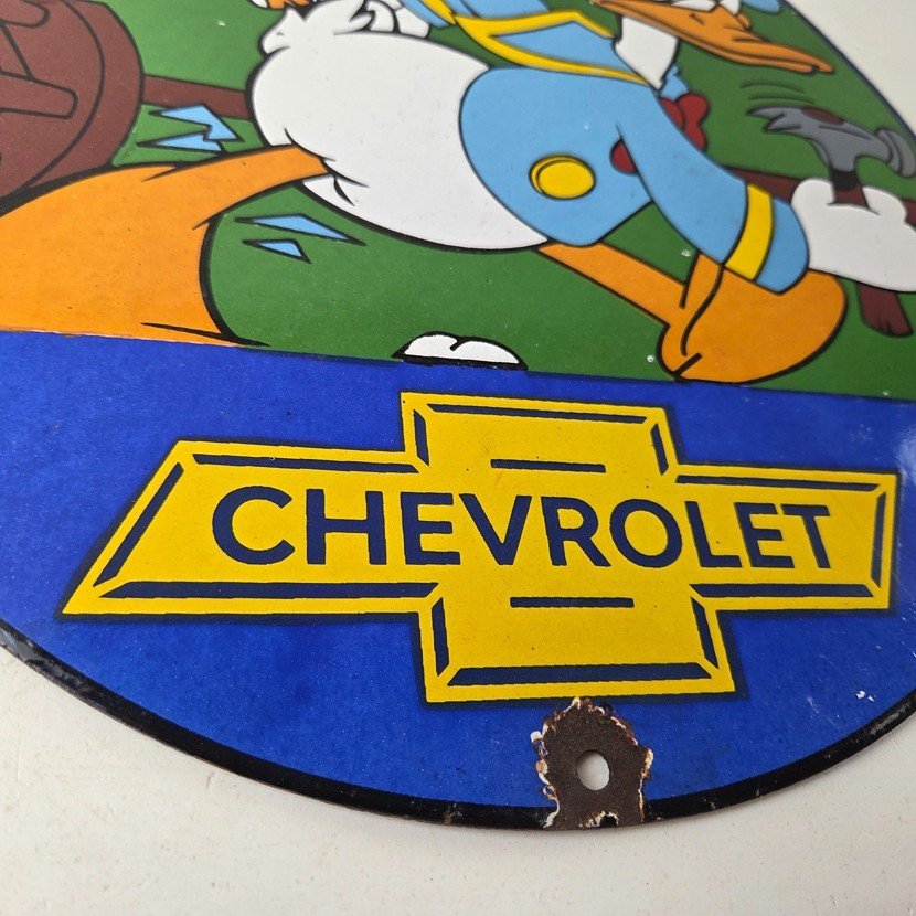 Vintage Chevrolet Sign - Automobilia Donald Duck Garage Porcelain Gas Pump Sign - Image 11