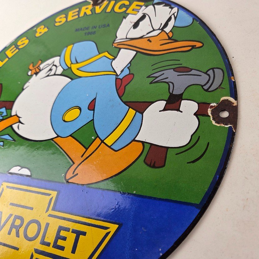 Vintage Chevrolet Sign - Automobilia Donald Duck Garage Porcelain Gas Pump Sign - Image 13